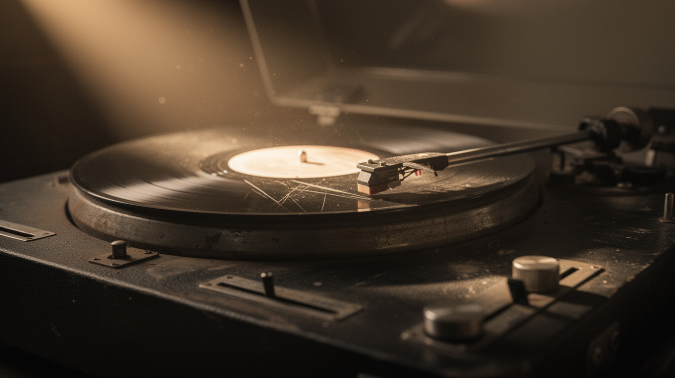 Aged turntable spinning a vintage vinyl LP, dust in a beam of warm light