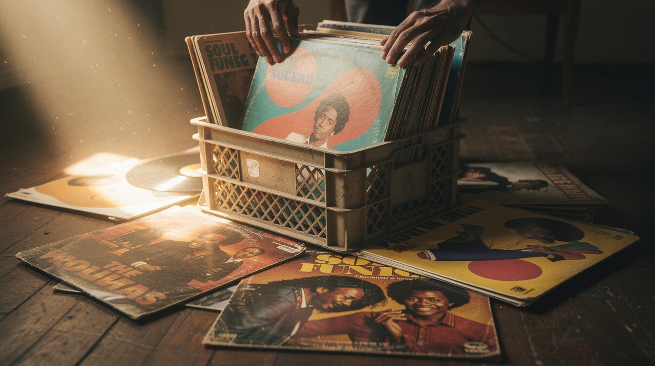 Crate of vintage 1970s soul and funk vinyl LPs with hands flipping through covers