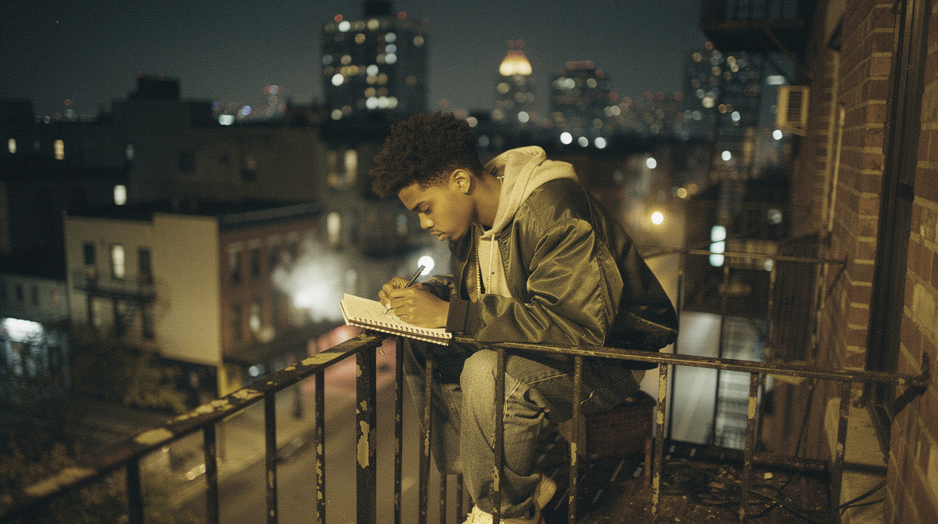 Young MC writing rhymes in a notebook on a Bronx fire escape, golden-age hip hop aesthetic