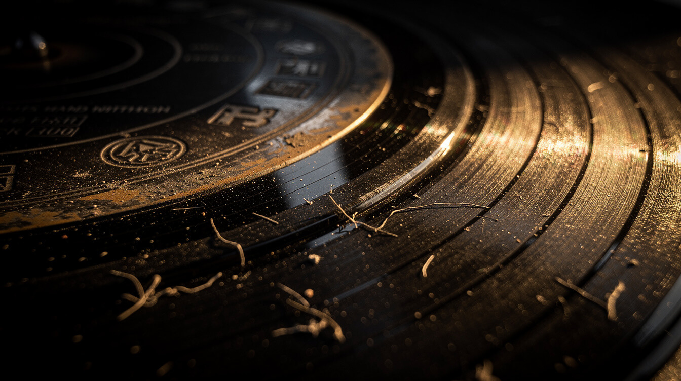 vintage vinyl runout grooves under tungsten light