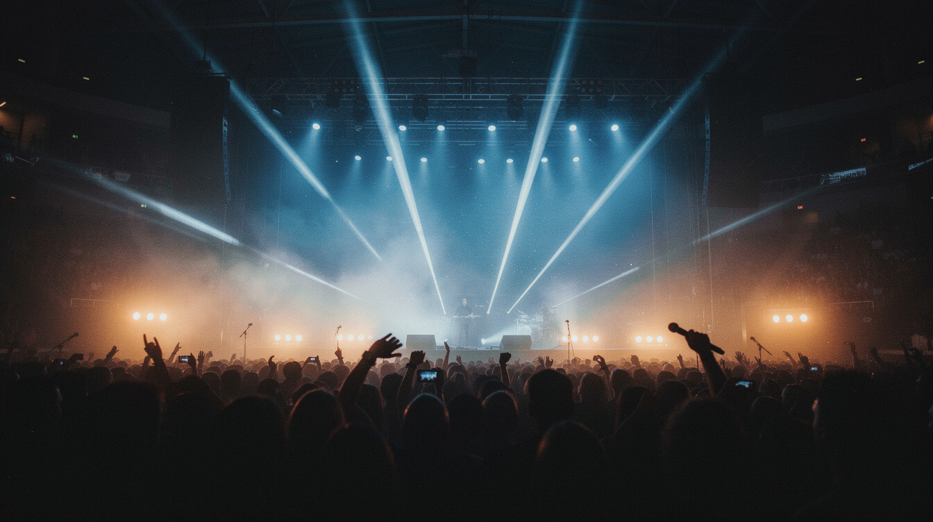 hip hop concert arena with stage lighting and smoke
