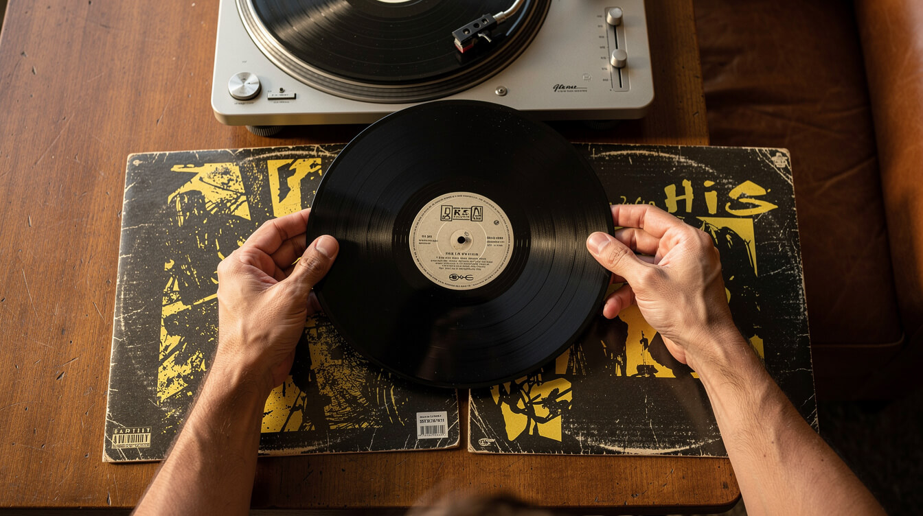 hands holding a vintage hip hop vinyl record by a turntable