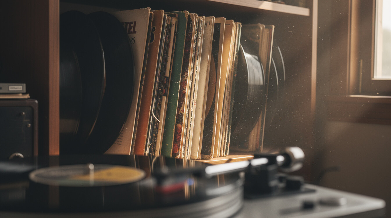 stack of vintage hip hop vinyl records on a wooden shelf