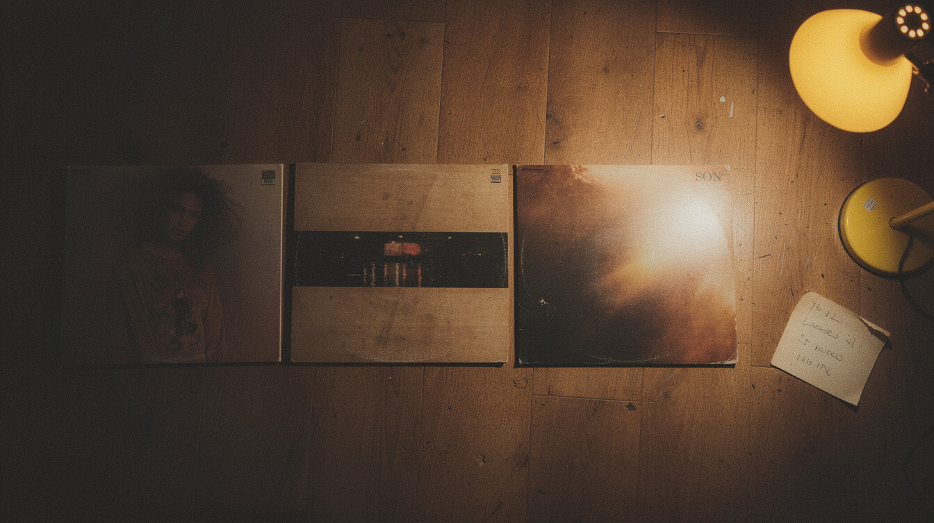 five-album Bone Thugs listening map vinyl flat lay