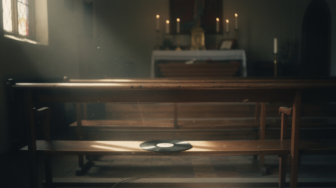 Empty church pew with shaft of light and vinyl record