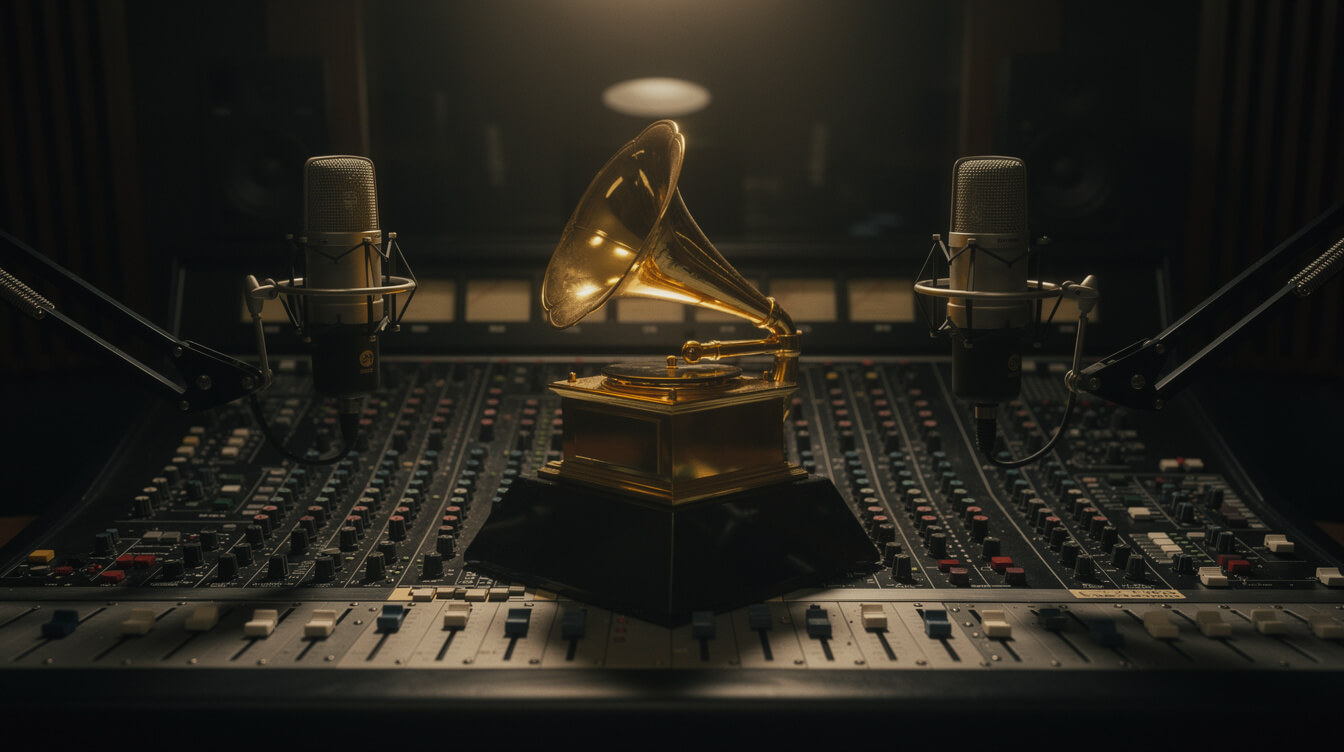 Grammy gramophone trophy and vintage microphones in studio light