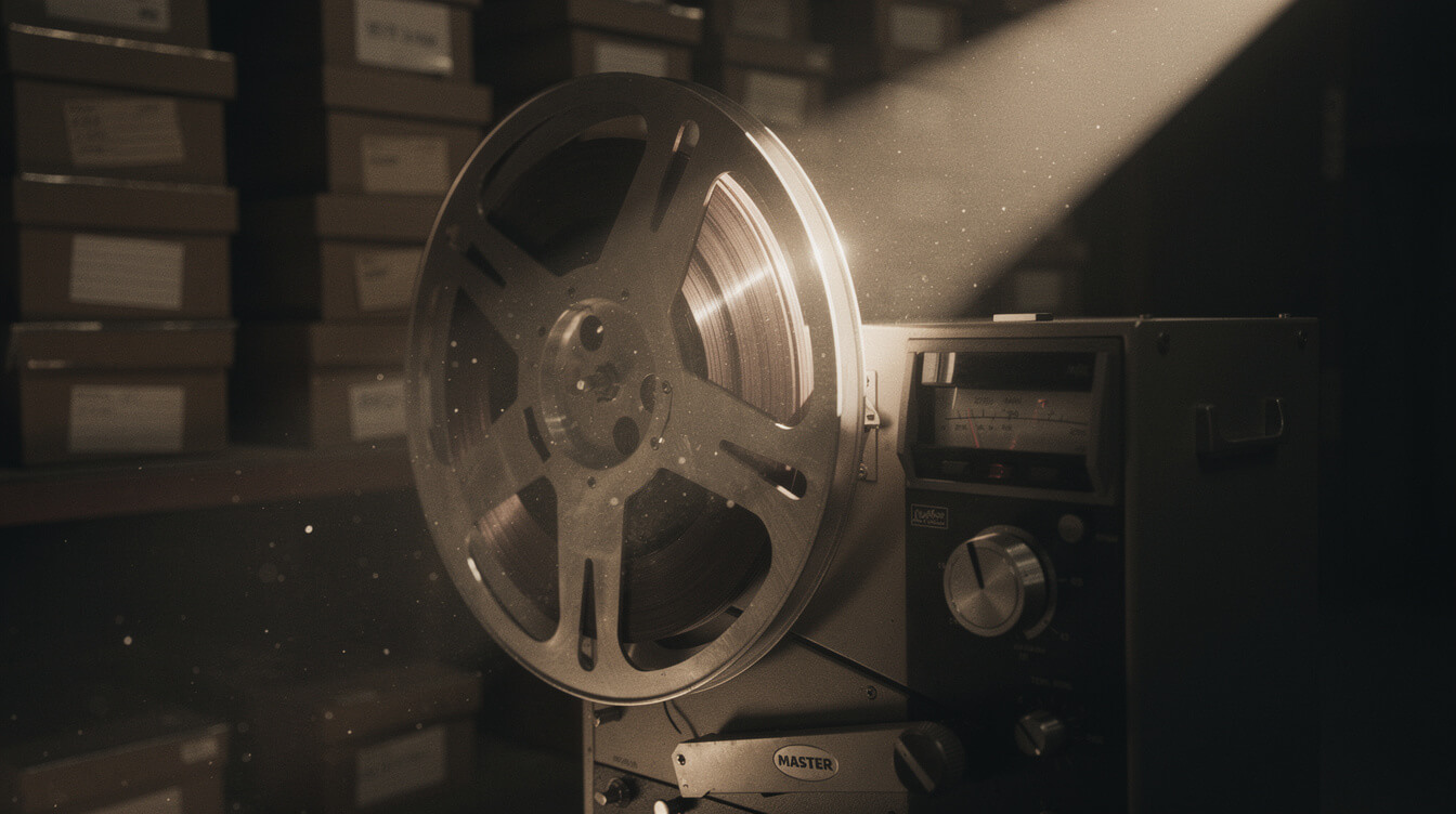 Reel-to-reel tape machine in archival vault with dust beams