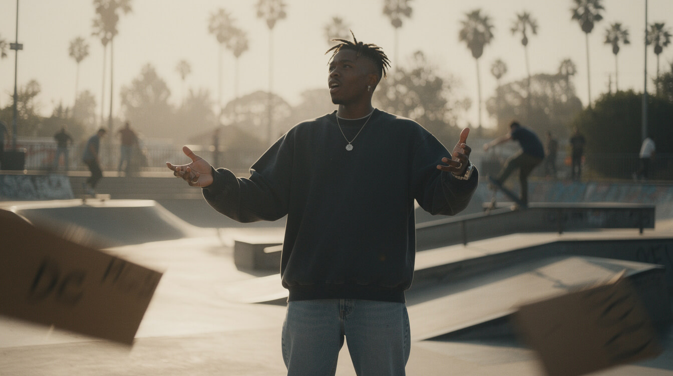 alternative hip-hop rapper in a vintage sweatshirt