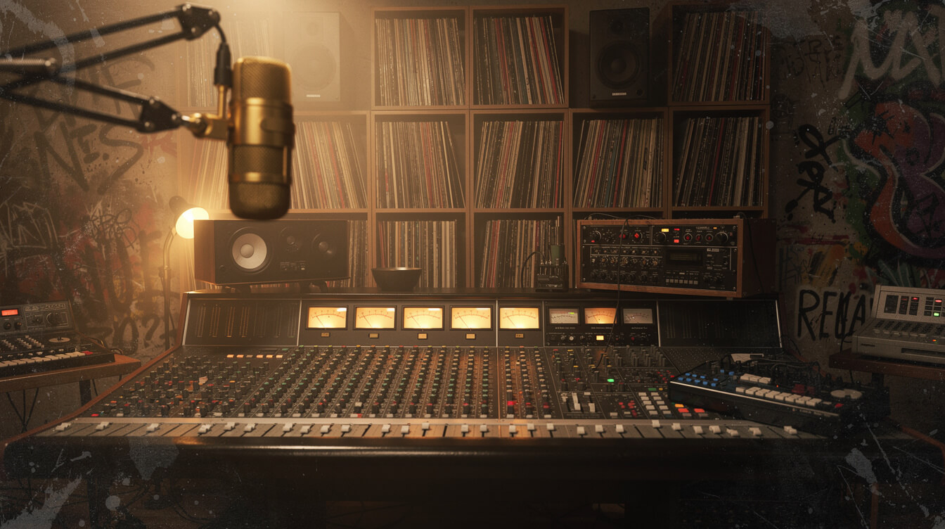 Vintage hip-hop recording studio with mixing console and vinyl crates