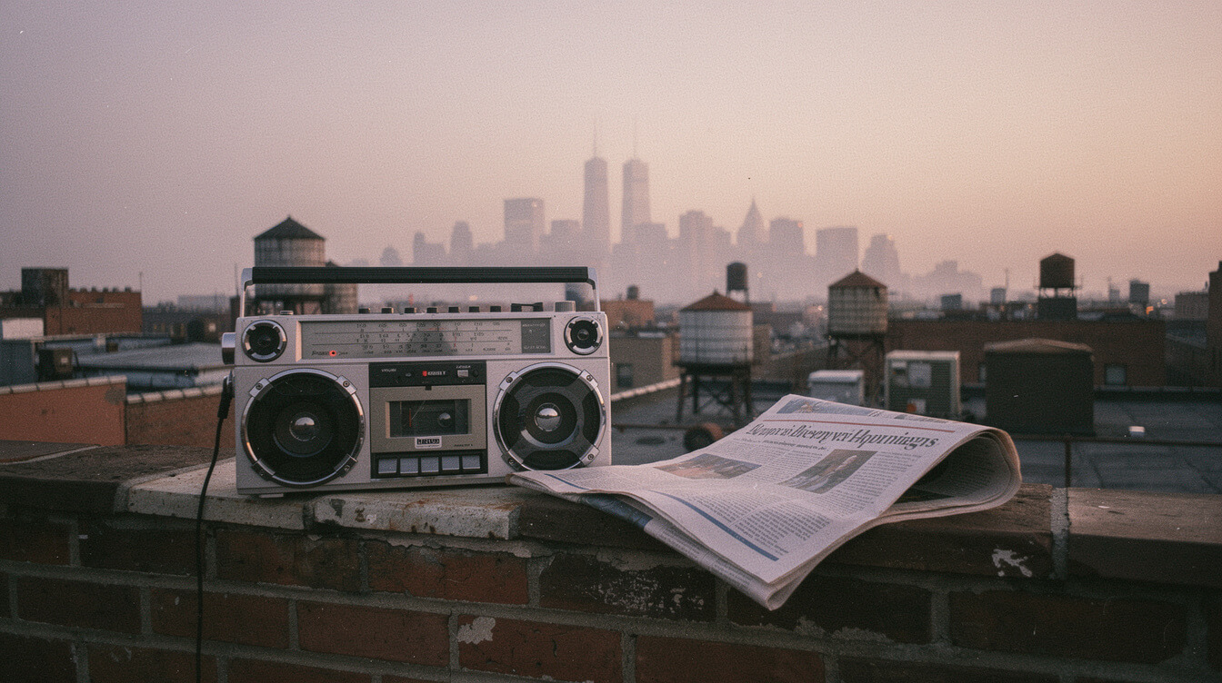 1992 New York hip-hop skyline at dusk