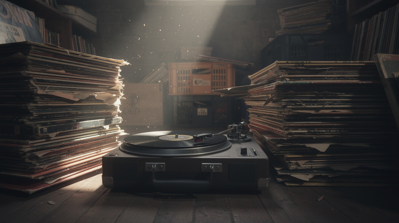 Jazz vinyl crates in a hip-hop sampling basement