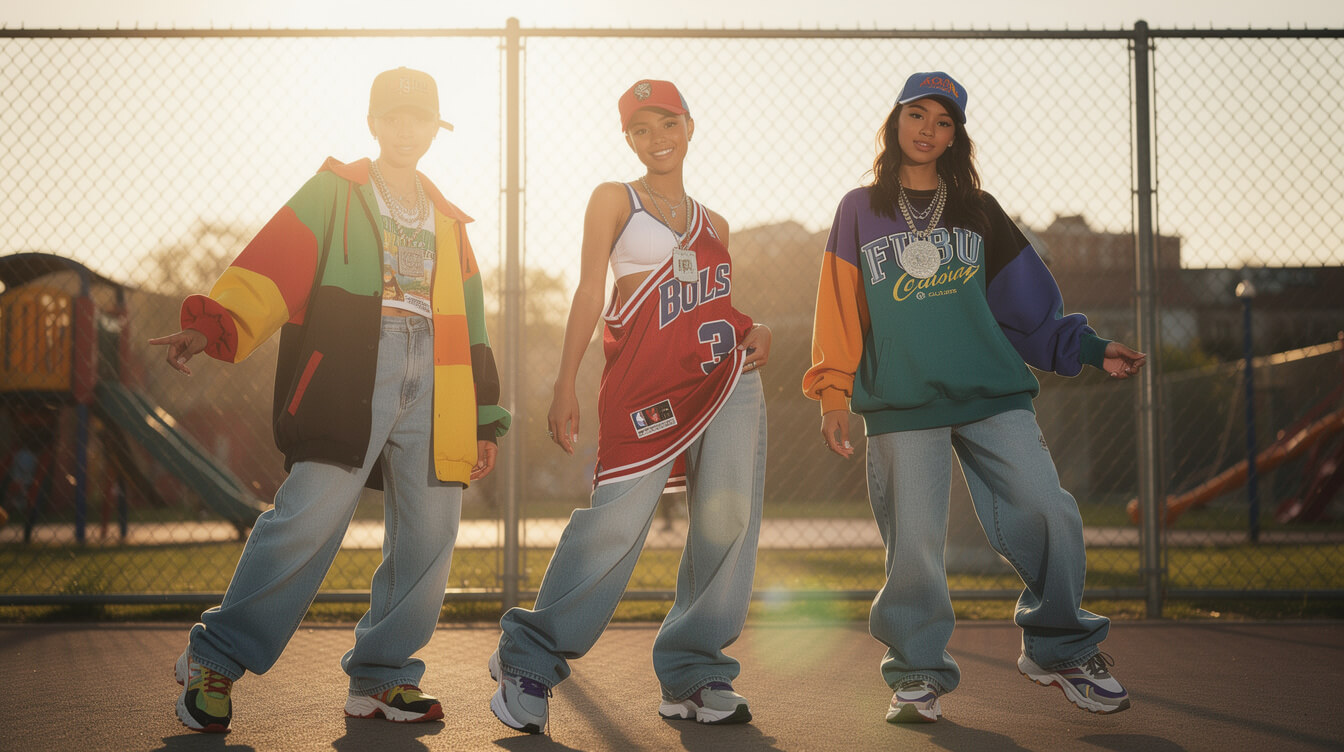 three women in early 1990s Native Tongues conscious bohemian hip hop fashion baggy denim African medallions