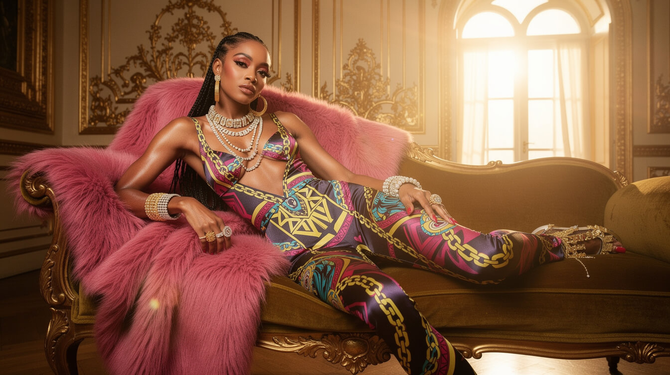 1996 luxury Versace era female rapper draped in silk gold and fur