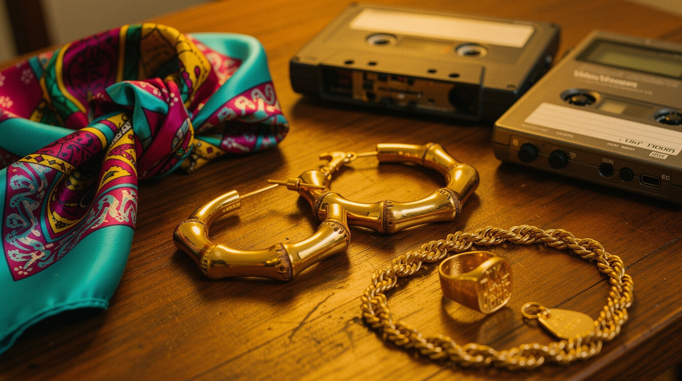 close up of 90s hip hop fashion female accessories door knocker earrings nameplate rings gold rope chain