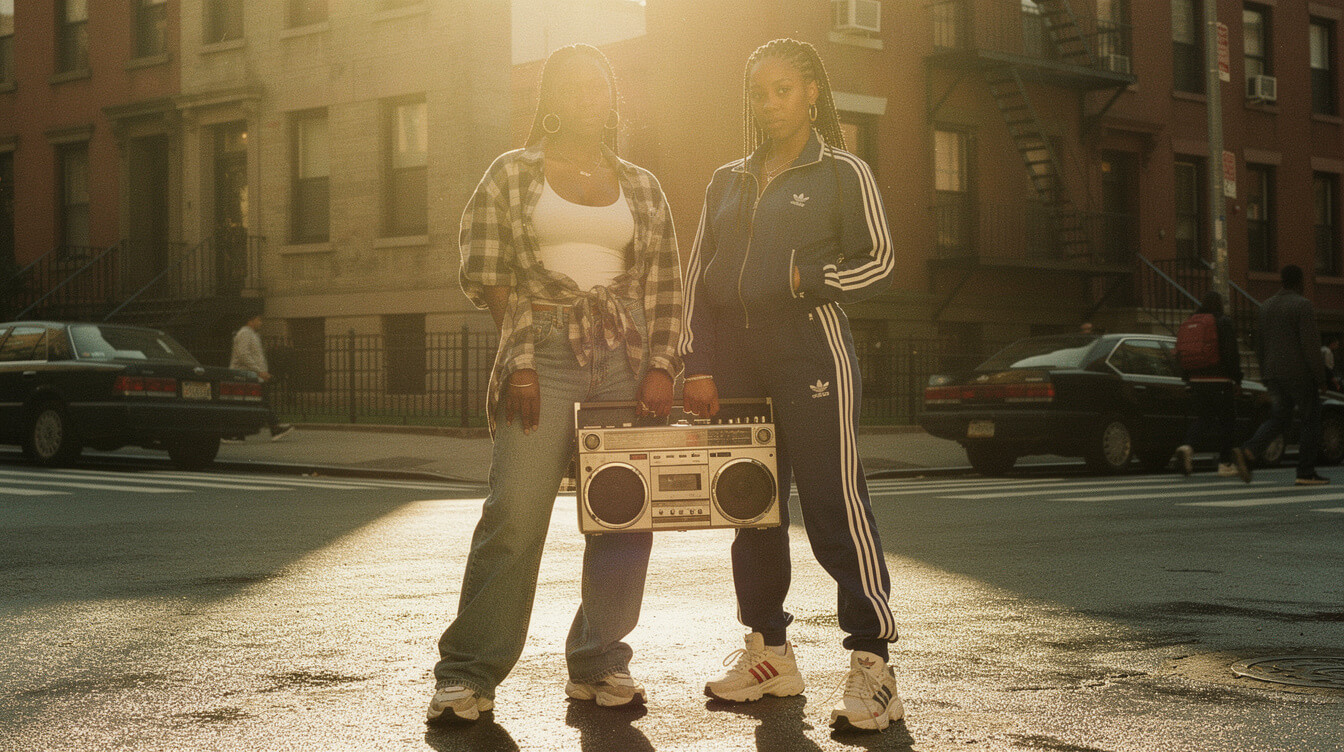 two women in 90s hip hop fashion on a New York street corner
