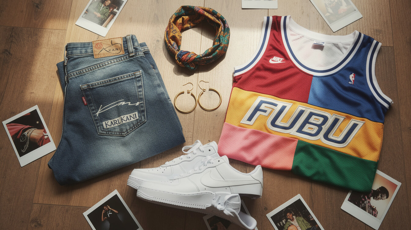 flat-lay of 90s hip hop fashion items including Karl Kani jeans FUBU jersey Cross Colours tee