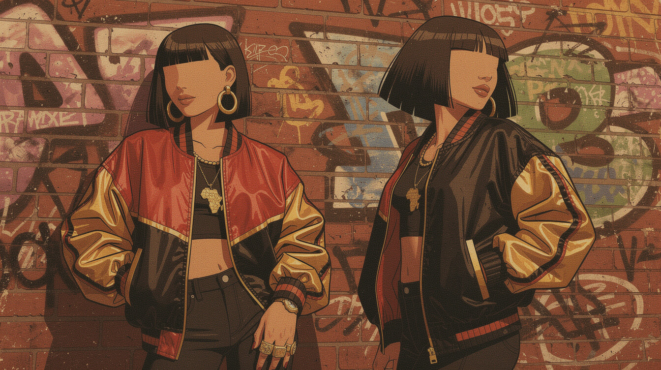 90s hip hop fashion female pioneer era — Salt-N-Pepa style asymmetric bob, gold door-knocker earrings, neon bomber jackets