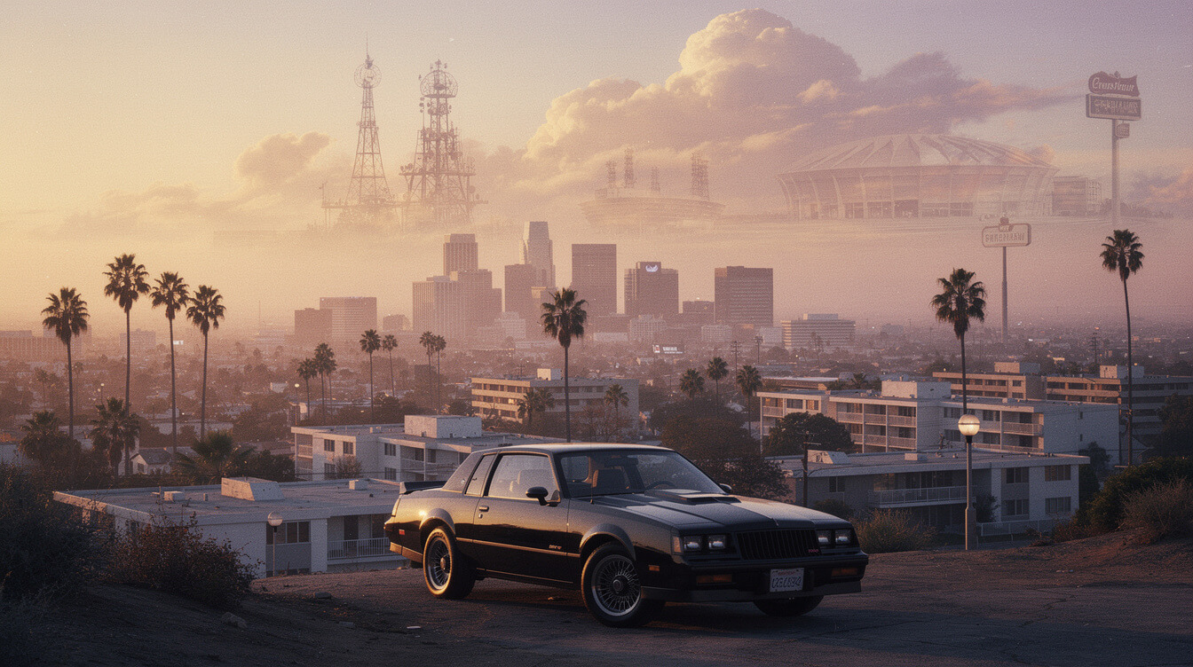 Cinematic Los Angeles skyline at sunrise with a Buick GNX on a hillside