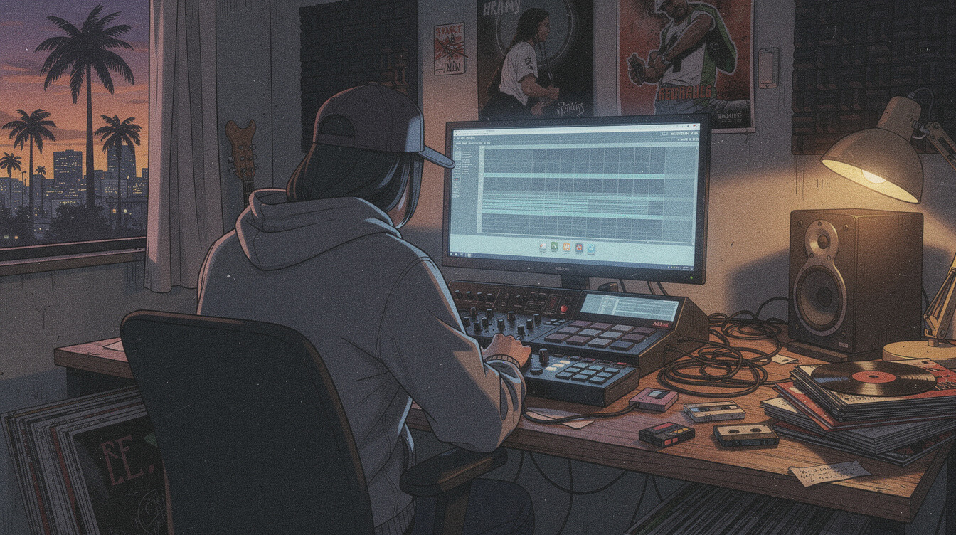 Bedroom producer at an MPC in a Los Angeles home studio