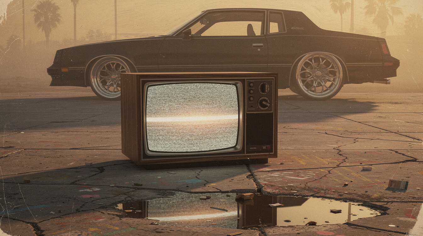 Vintage television set on a Compton street with a Buick GNX in the fog