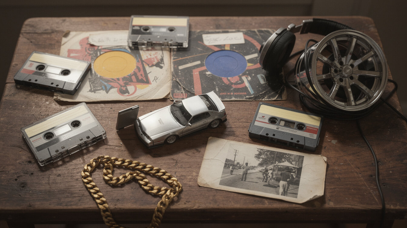 Flat-lay of hip-hop ephemera, vinyl, cassettes and a Buick GNX die-cast