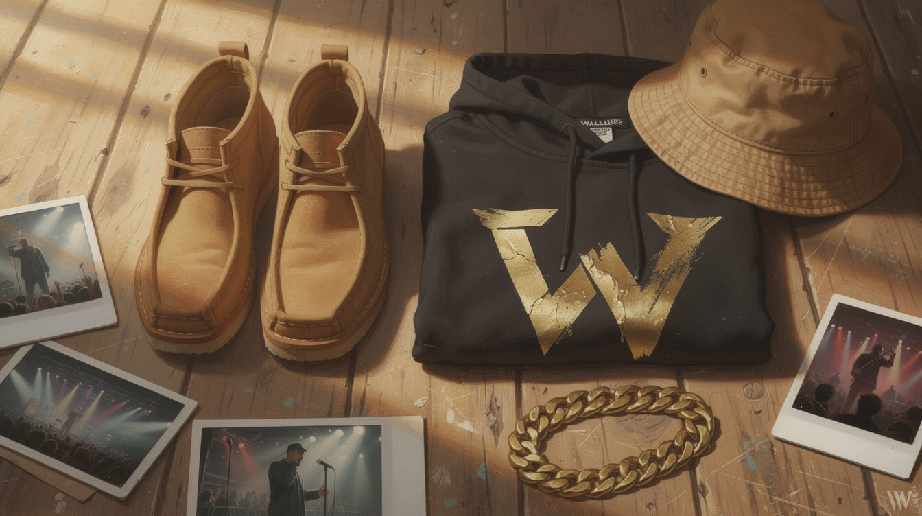 Wallabees and Wu-Tang hoodie fashion flat-lay