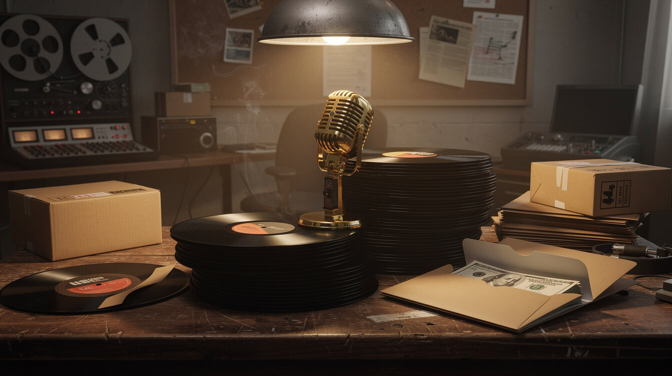vintage 1996 indie record label scene with gold microphone and vinyl pressings, illustrative editorial style