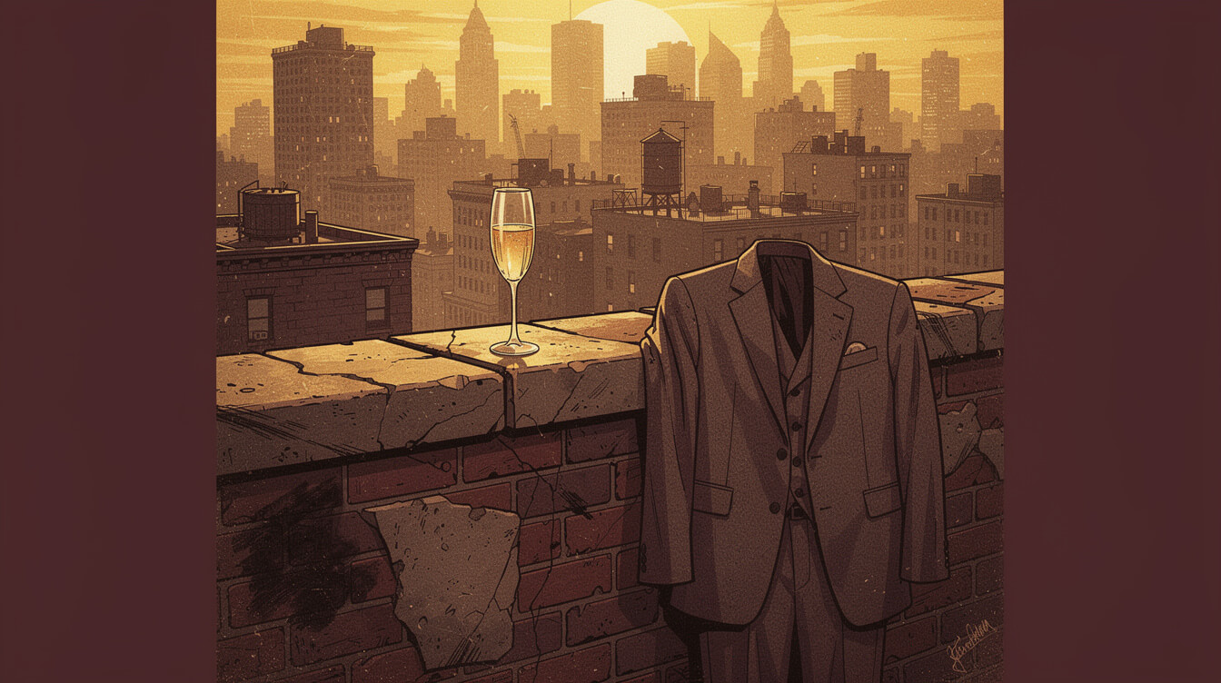 Brooklyn rooftop at golden hour with champagne flute and tailored Italian suit, 1996 NYC luxury rap aesthetic