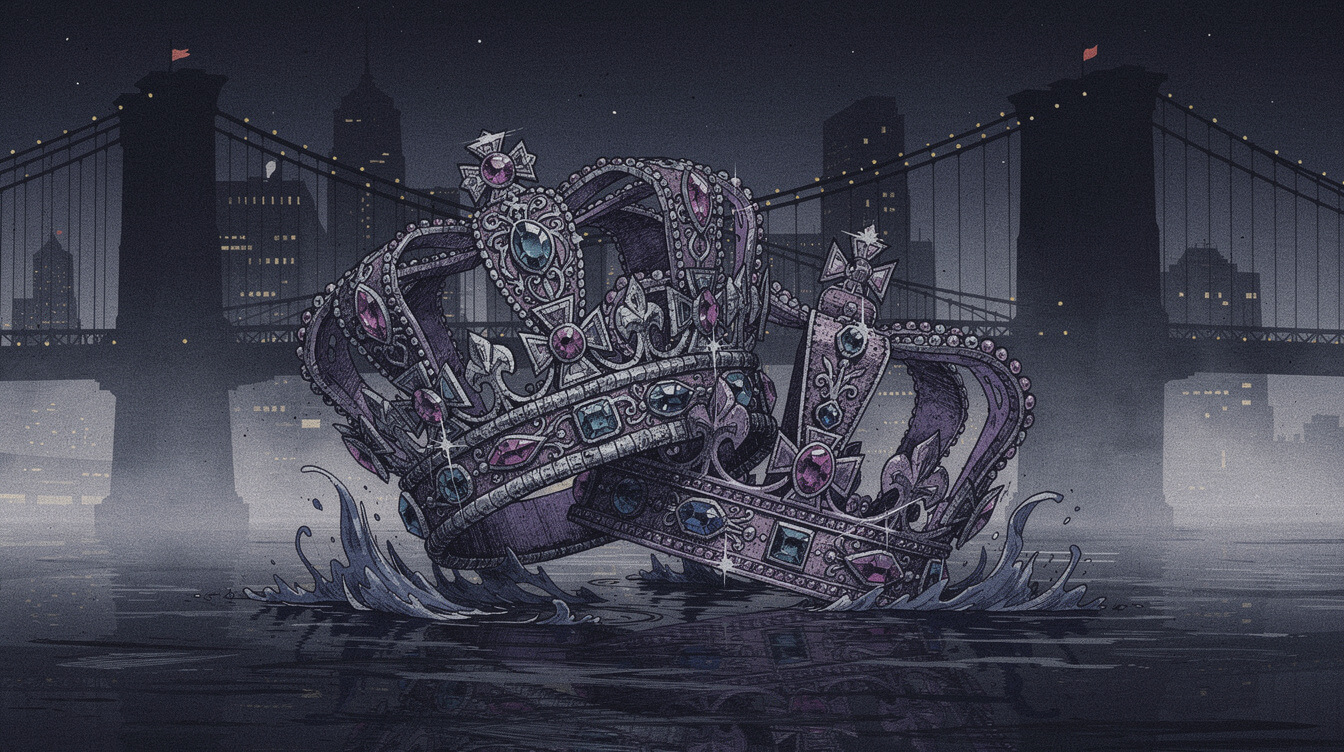 jay z reasonable doubt twin crowns over Brooklyn Bridge silhouette, hip-hop poster art