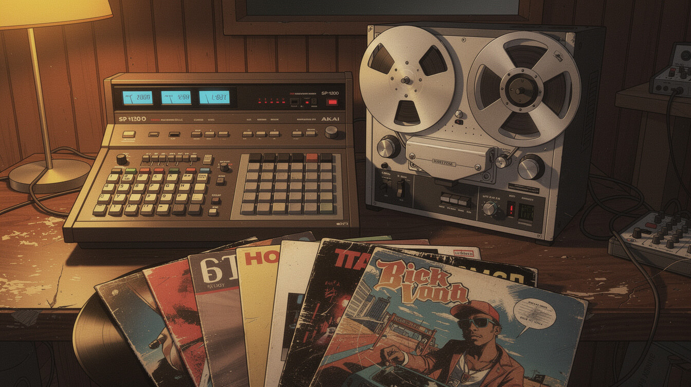 vintage SP-1200 sampler and MPC studio session, 1996 New York hip-hop production