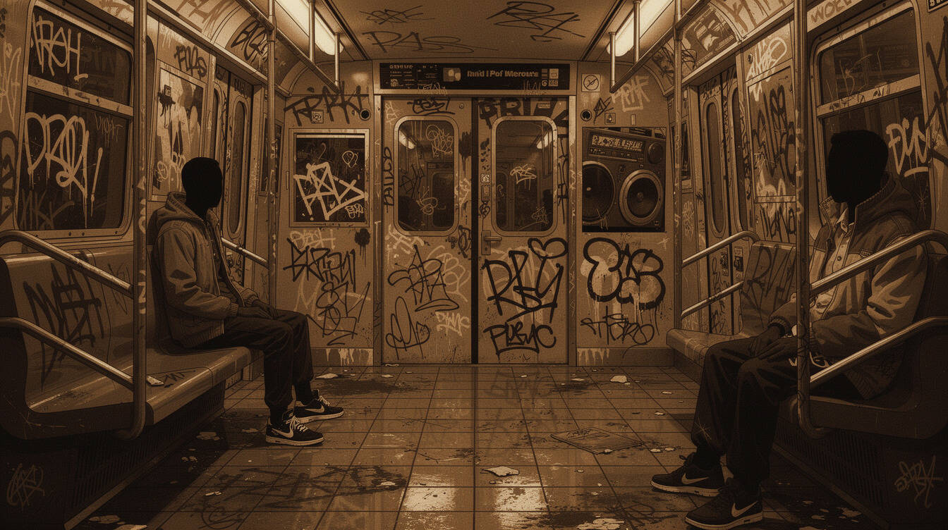 1996 NYC subway car interior with graffiti, sepia-toned street art illustration of hip-hop generational influence