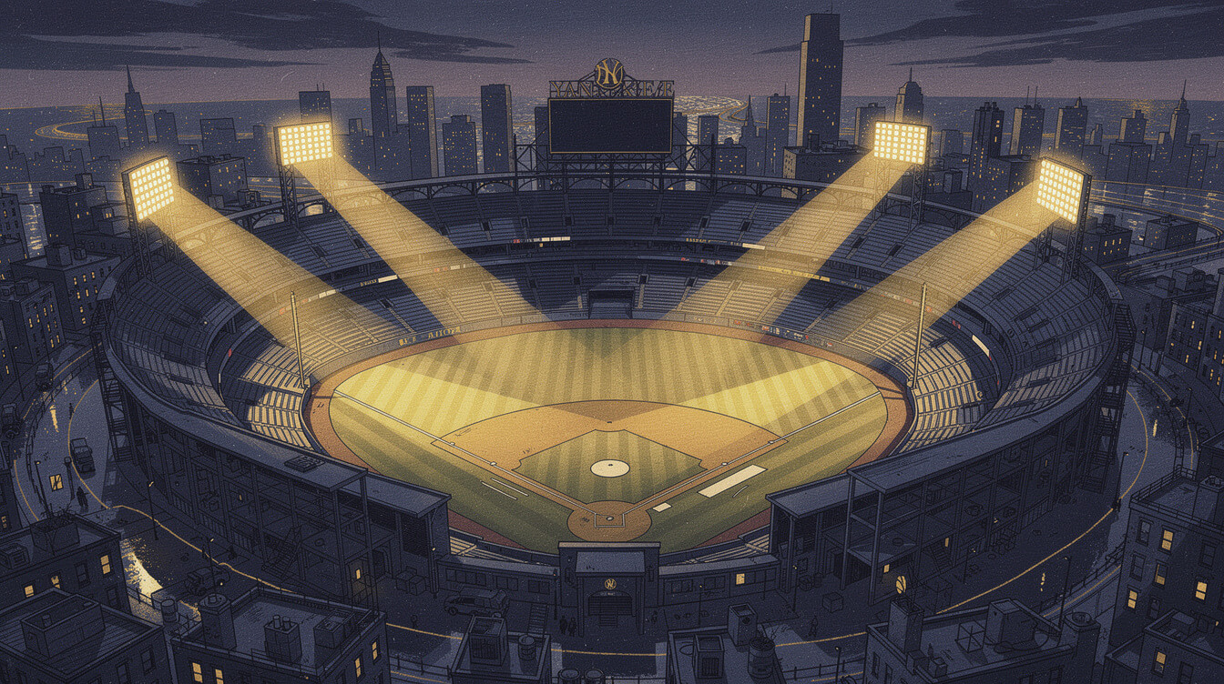 Yankee Stadium at twilight with golden floodlights, regal arrival aesthetic for jay z reasonable doubt 30th anniversary