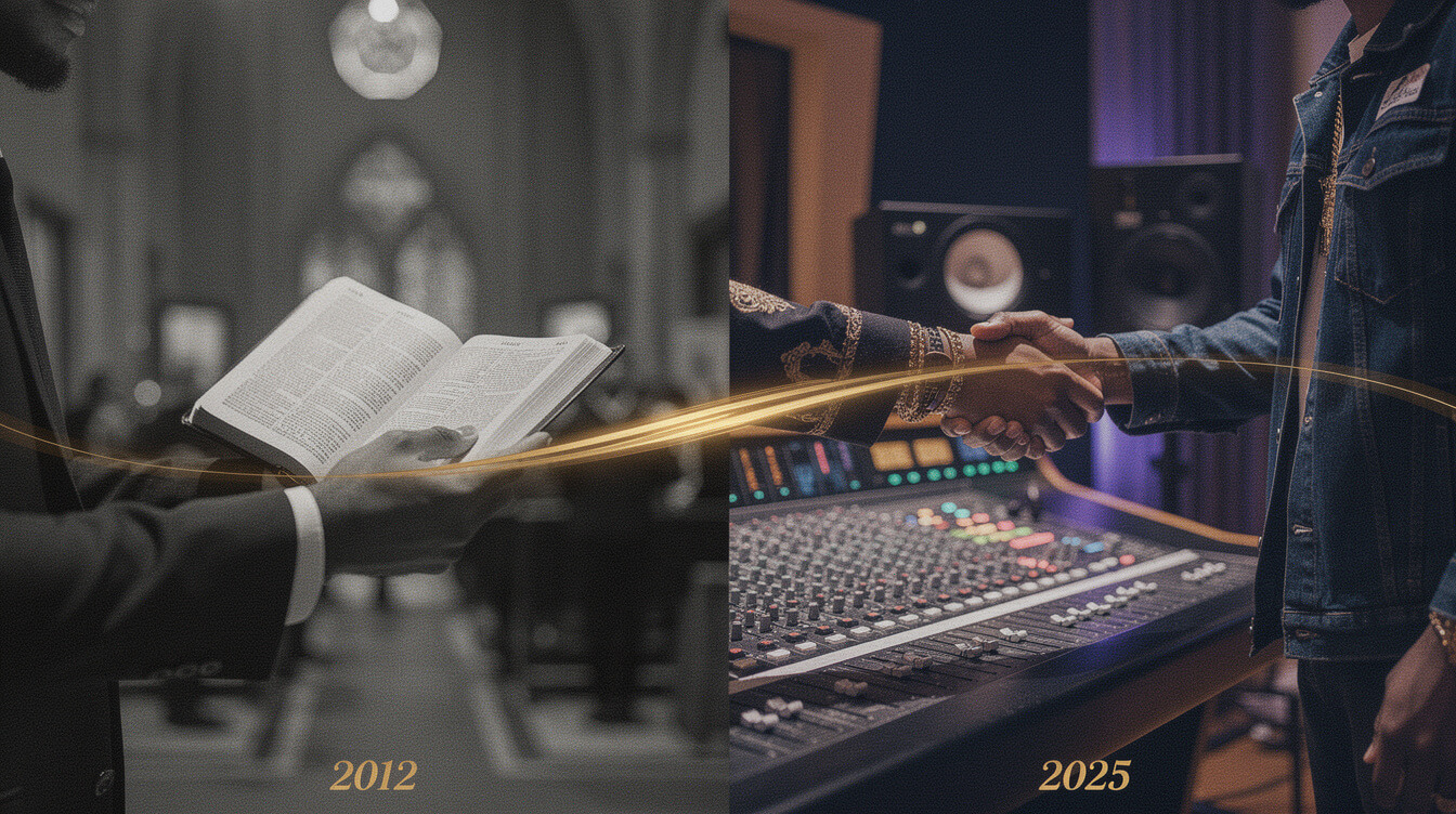 Timeline graphic showing the gap between Malice's 2012 baptism and Clipse's 2025 reunion handshake