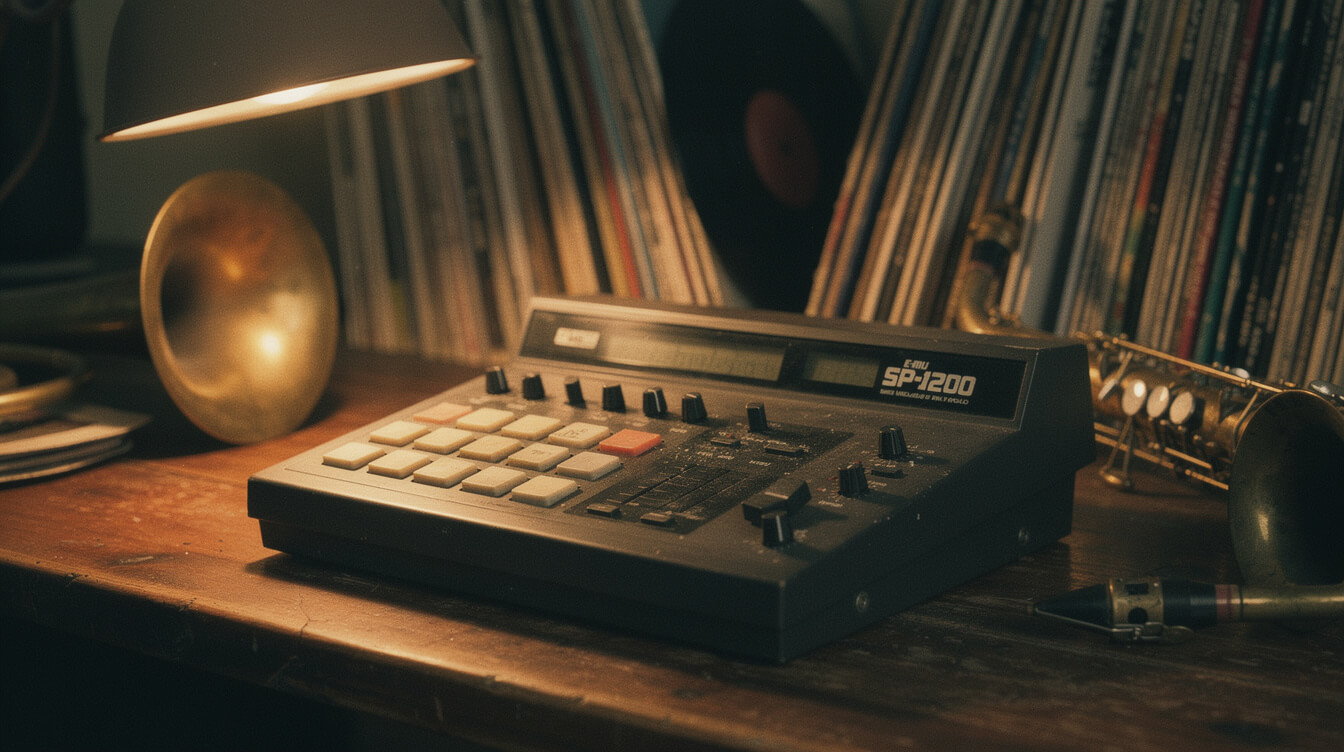Vintage E-mu SP-1200 drum sampler on wooden studio table with vinyl records — jazz-rap boom bap production
