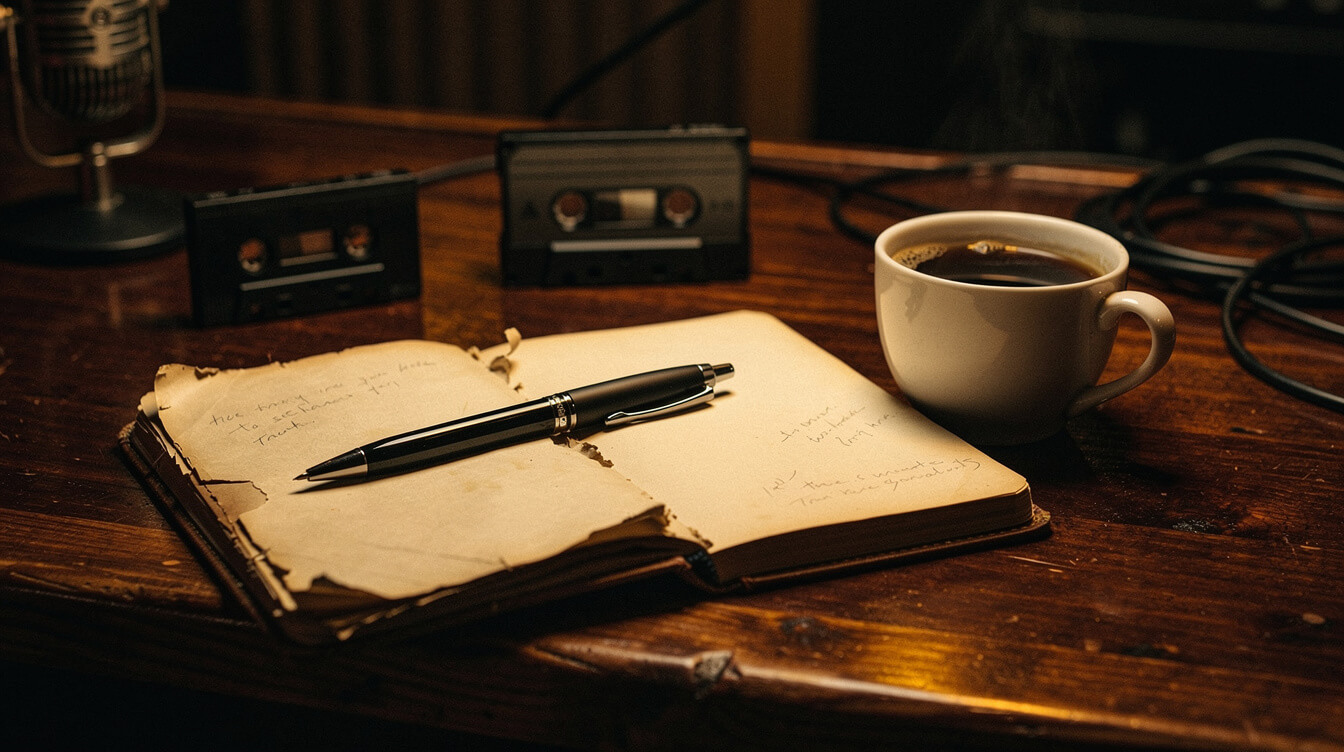 Worn notebook with pen and coffee cup on wooden bar top — CL Smooth hip-hop storyteller aesthetic