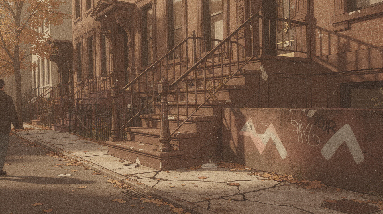 Vintage Mt. Vernon New York 1990s street scene, brownstone stoop, warm sepia palette — cl smooth