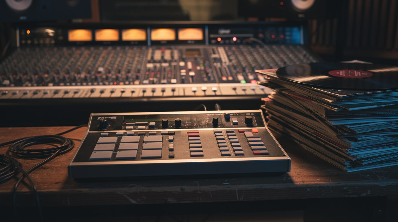 Studio mixing board with vintage MPC drum machine and stacked records — boom bap producer legacy aesthetic