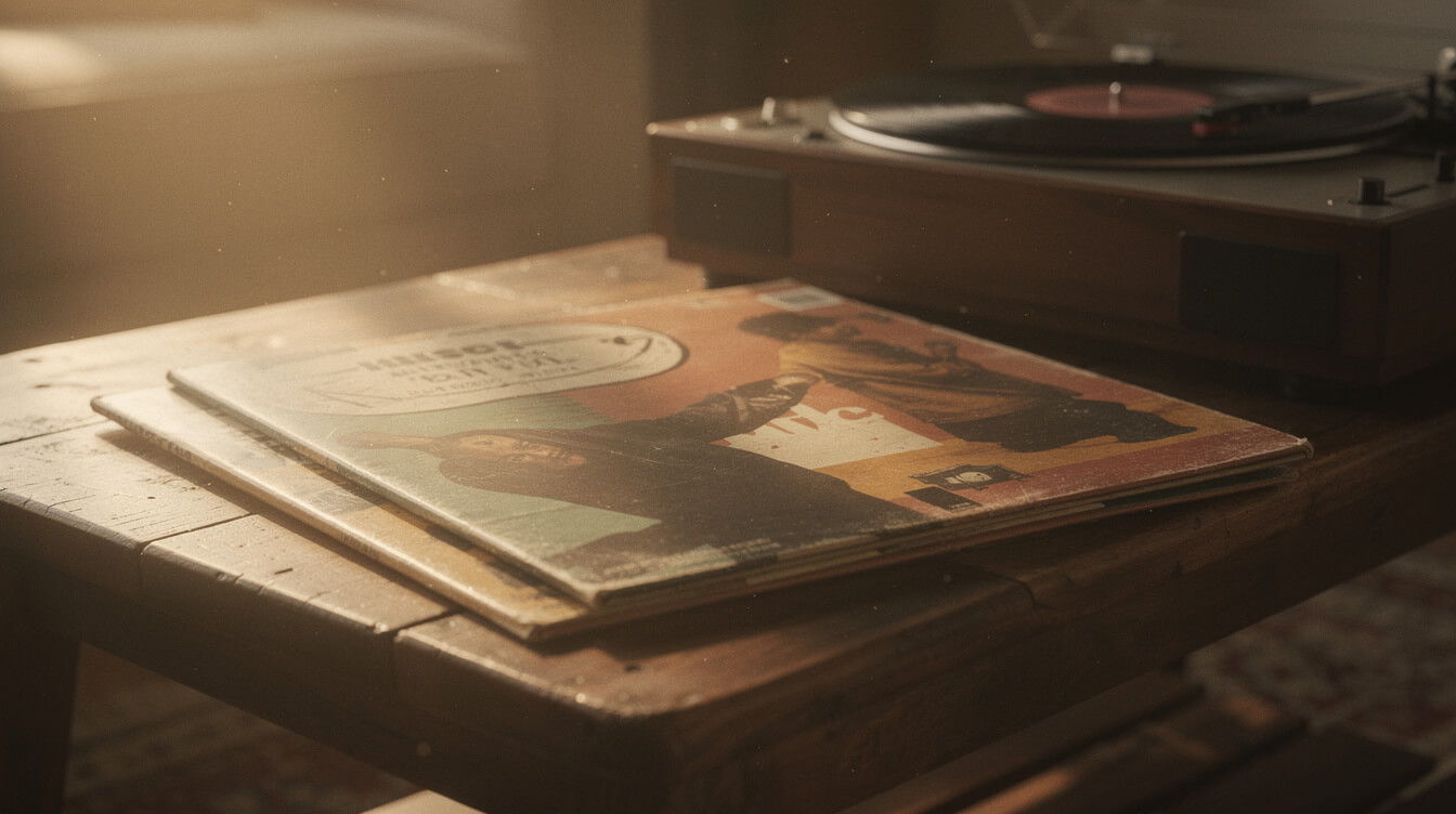 Two vintage vinyl LP jackets stacked on a coffee table with a turntable — 1990s hip-hop record collector aesthetic