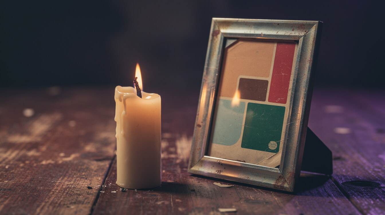 Single candle beside photograph frame and vinyl sleeve — hip-hop tribute memorial aesthetic