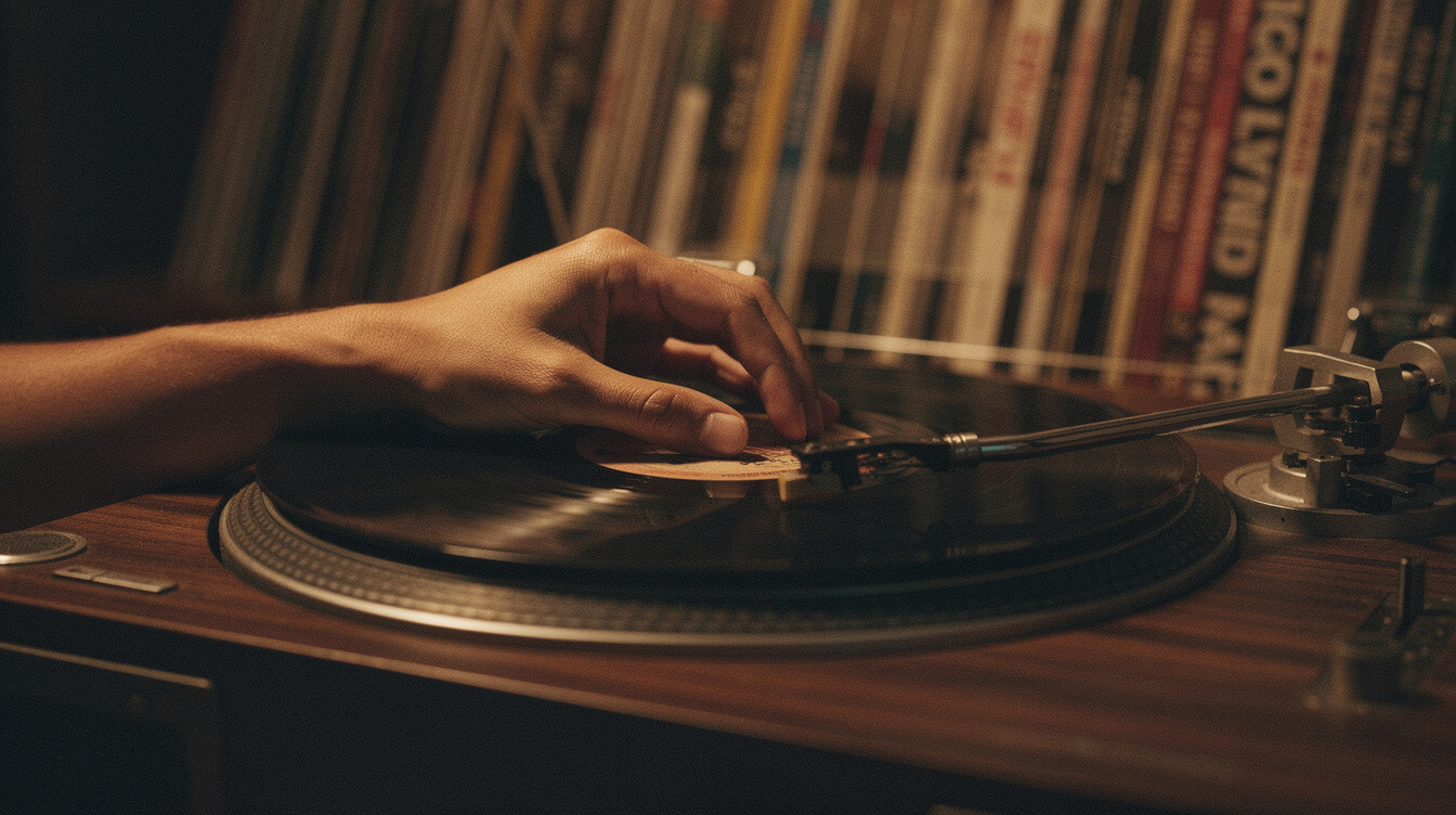 Hand placing needle on vinyl turntable, stacks of jazz-rap LPs — cl smooth listening guide