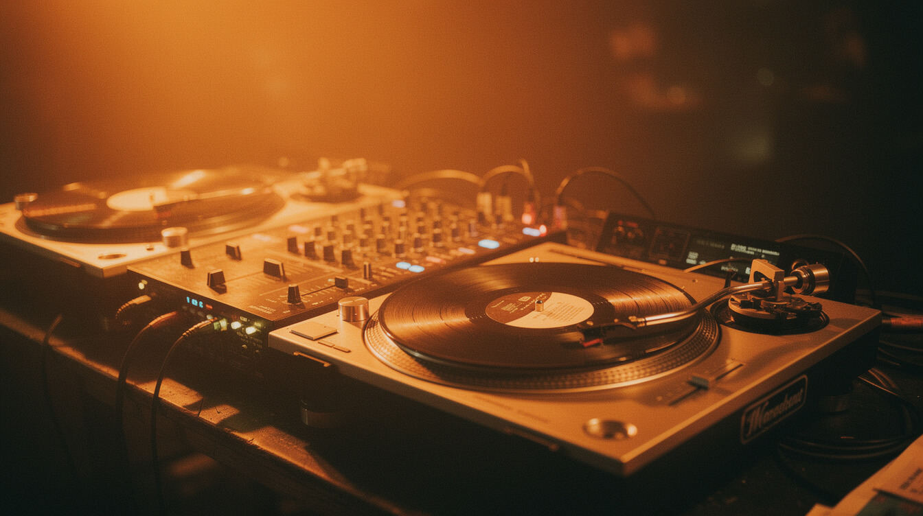 Larry June DJ setup vinyl records concert stage