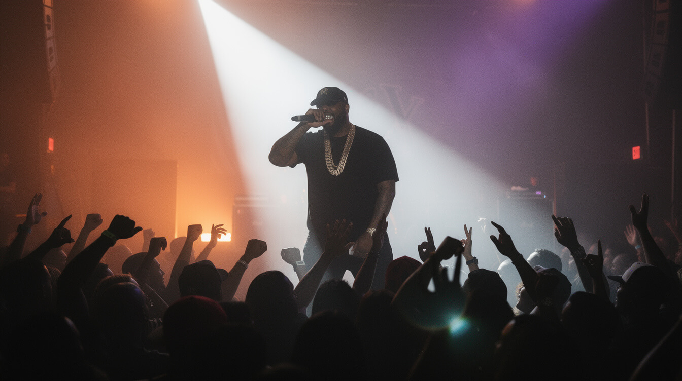 Southern rapper mid-verse under stage lights symbolizing boosie badazz wipe me down