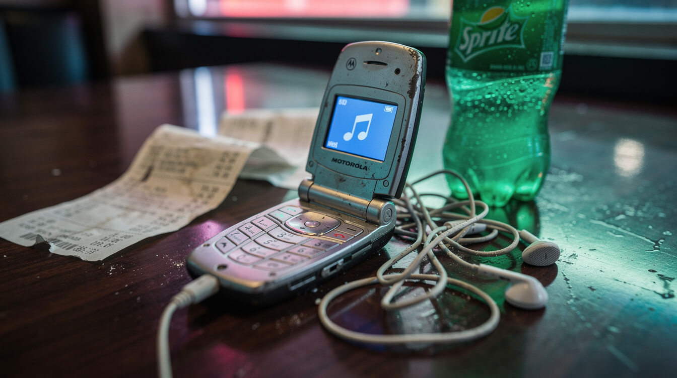 Mid-2000s ringtone era flip phone symbolizing wipe me down era