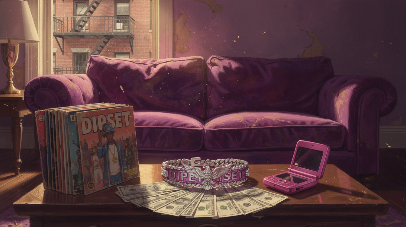 Harlem apartment interior — purple velvet, Dipset chain, dollar bills