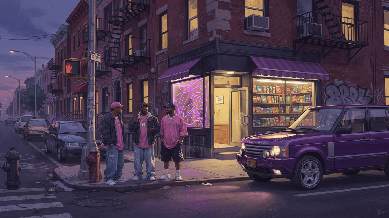 2001 Harlem street scene — purple Range Rover, brownstone corner