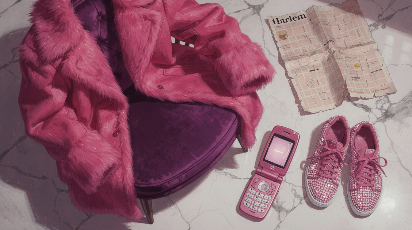 Pink mink and pink flip phone flat lay — 2003 hip-hop fashion