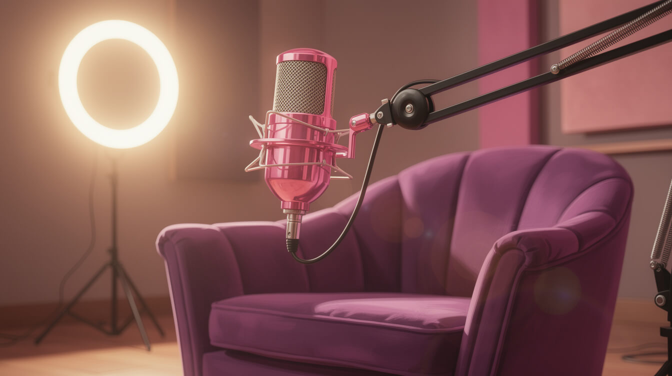 Pink microphone podcast studio — purple velvet armchair