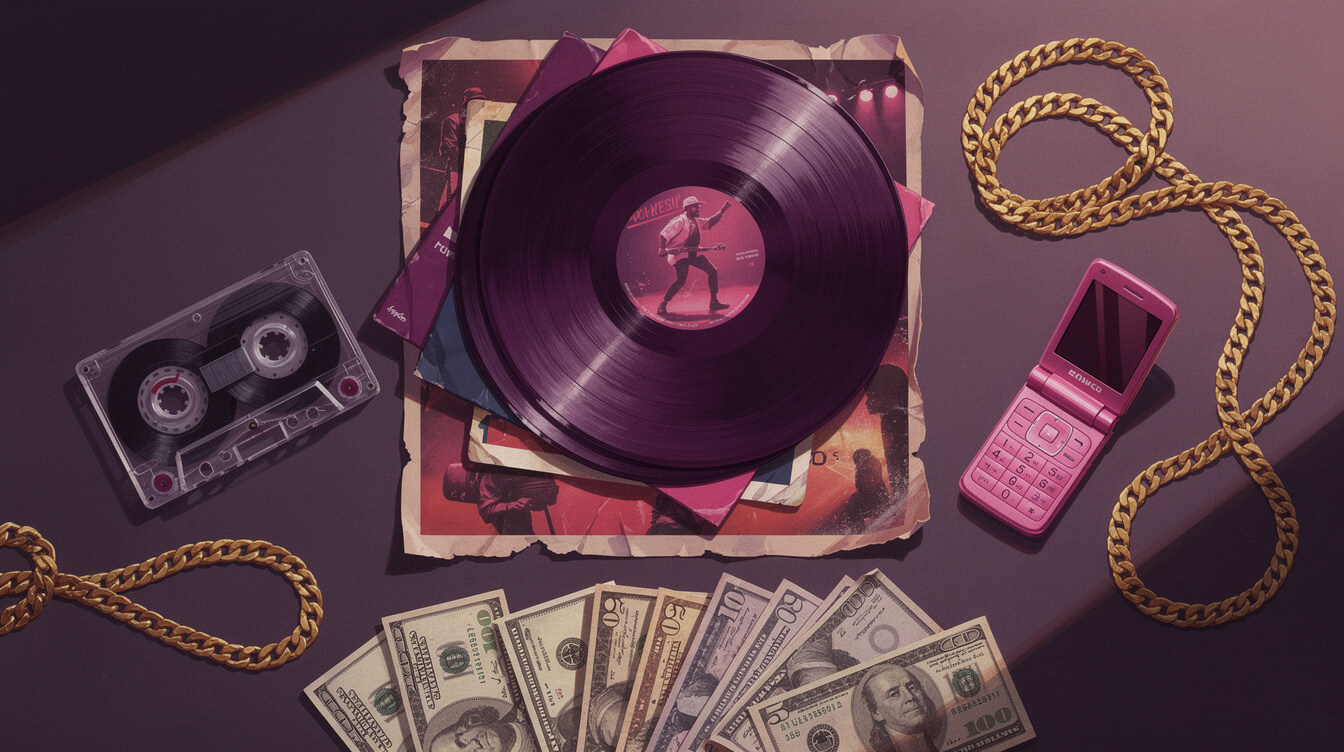 Hip-hop entrepreneur flat lay — vinyl records, gold chain, cash
