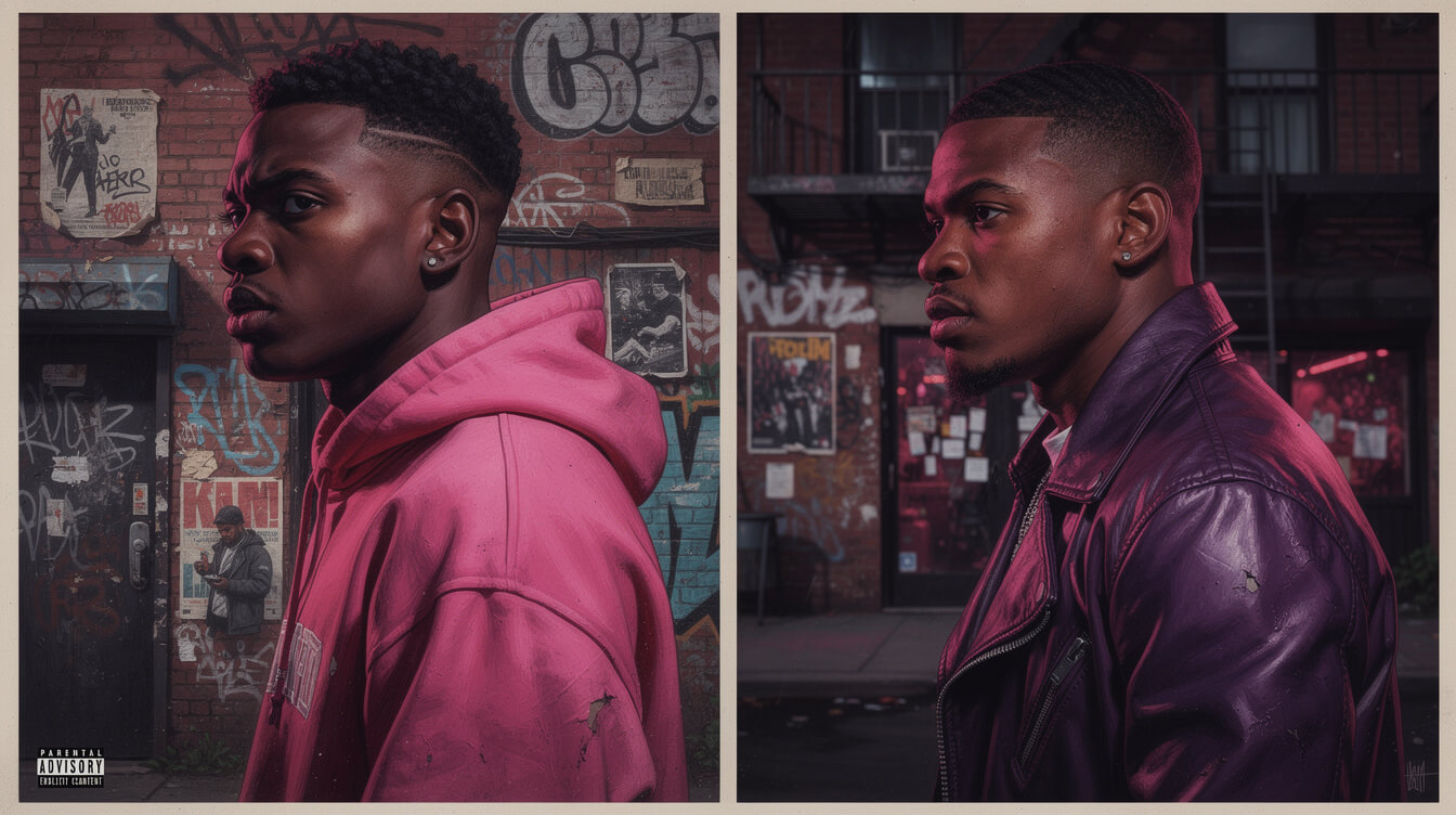 Split panel of two Harlem hip-hop rivals — pink hoodie and purple jacket