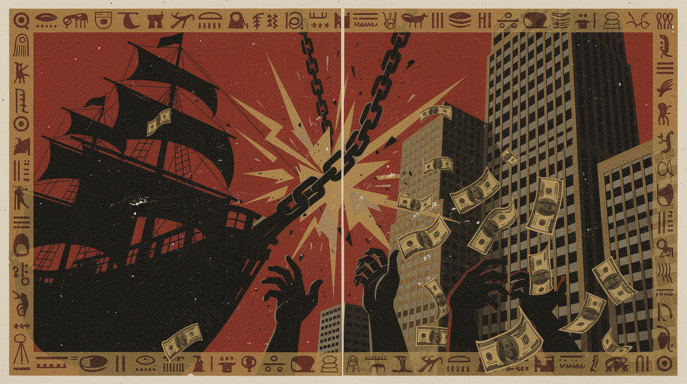 editorial slave ship to corporate boardroom protest collage art
